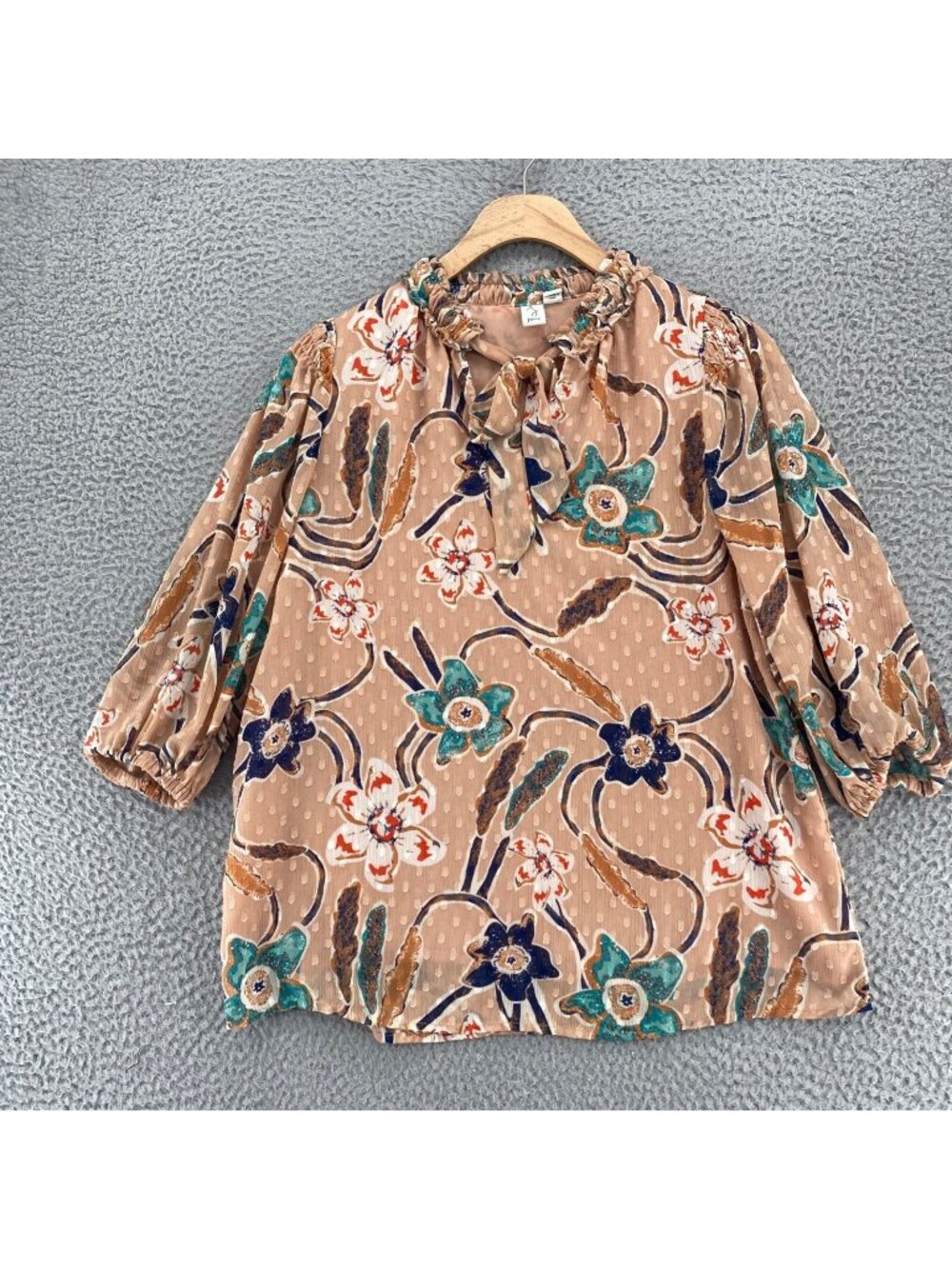 JOIE Top Womens Medium Beige Green Floral Swiss Dot Gauzy 3/4 Puff Sleeve Blouse